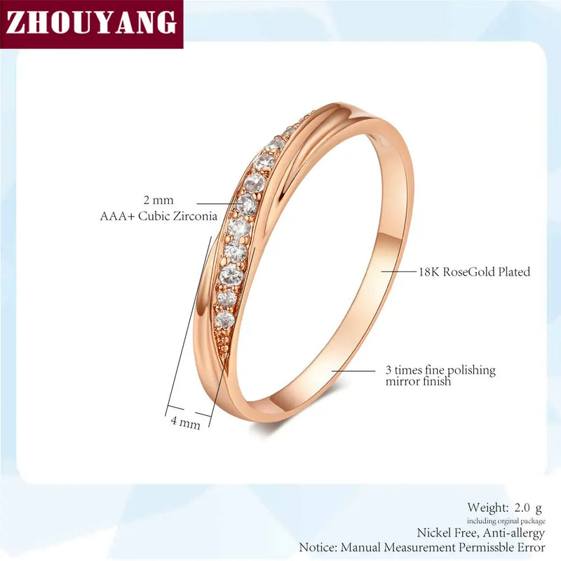 Anél ZHOUYANG - zircônia cúbica, cor ouro rosa - Modelos: ZYR314 ZYR317
