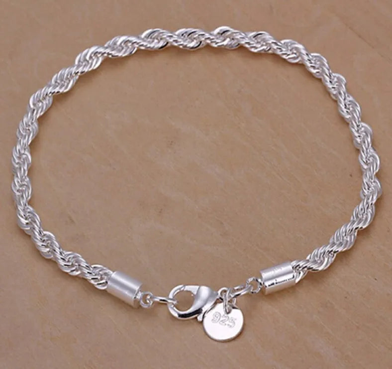 Pulseiras de prata esterlina 925 - 4 mm - com corda torcida