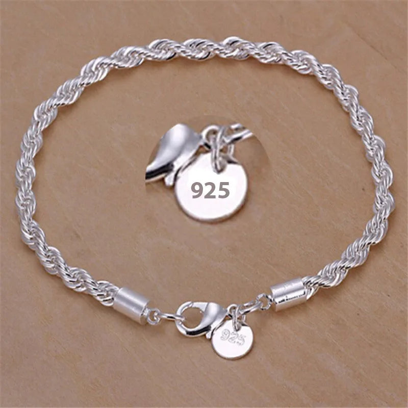 Pulseiras de prata esterlina 925 - 4 mm - com corda torcida